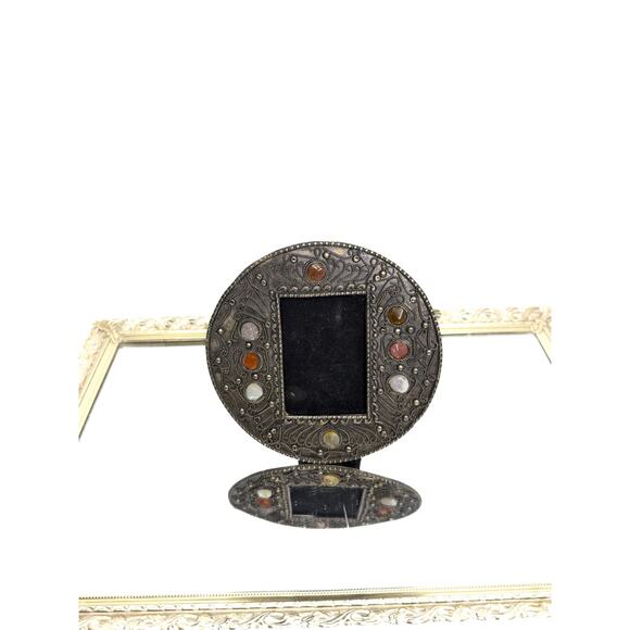 rare Vintage Asian silvered metal and agate stones set photograph frame - Picture 1 of 9